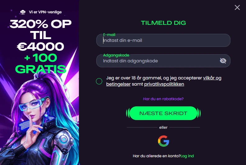 GlitchSpin konto og registreringsbrugerflade på computer