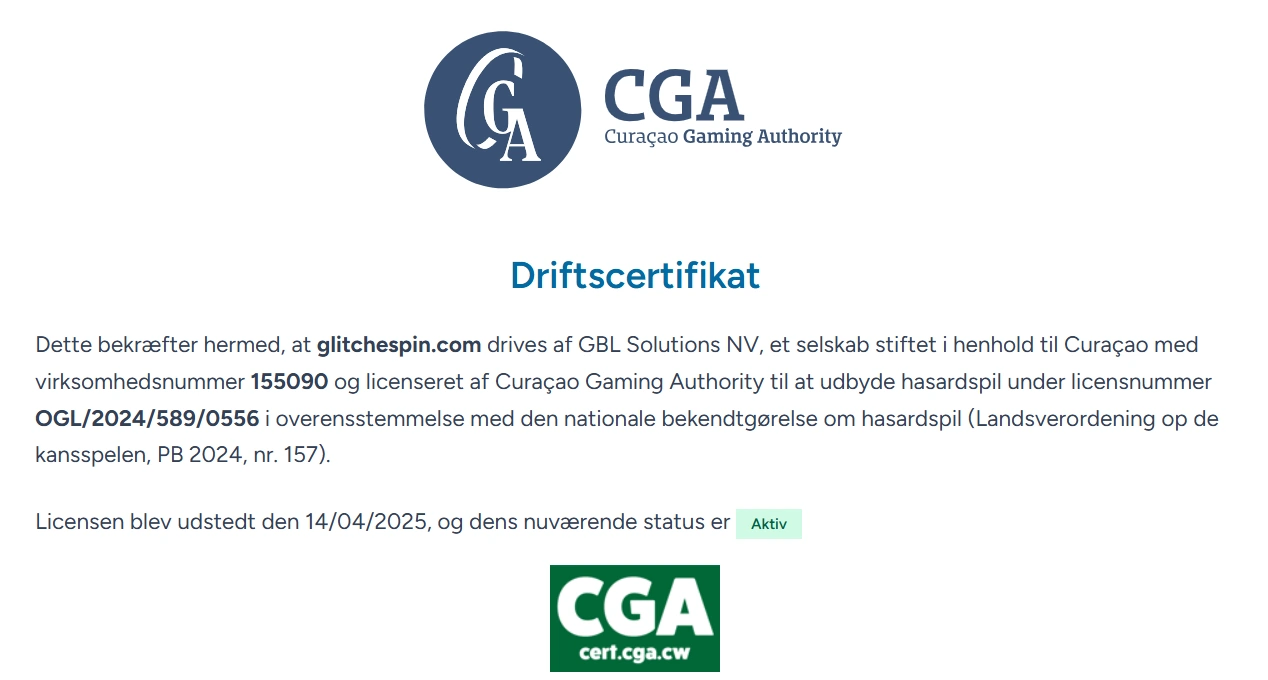 Curaçao Gaming Authority certifikat for glitchspin.com